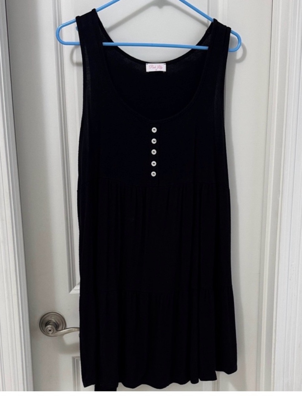 Pink Lilly Sleeveless Black Tiered Mini Dress with Front Button Detail